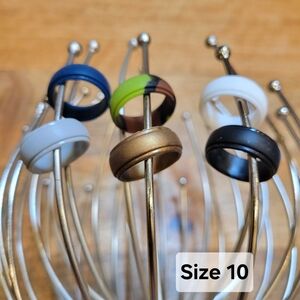 6 Pack - Silicone Wedding Bands Size 10 - Black, White, Blue, Gold, Green